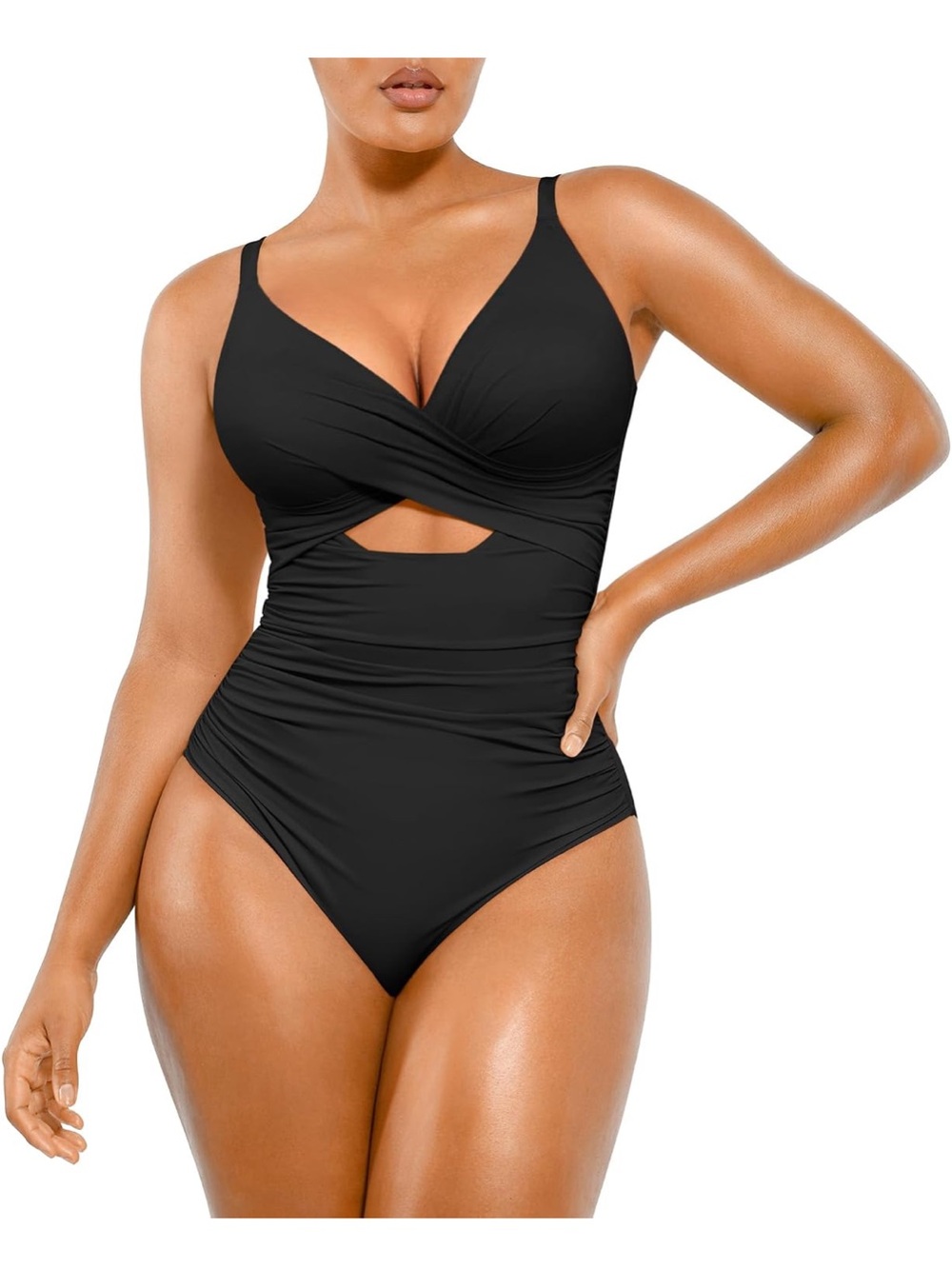 SHAPELLX Tummy Control Black One-Piece Swimsuit V Neck Ruched bathing suit NEW